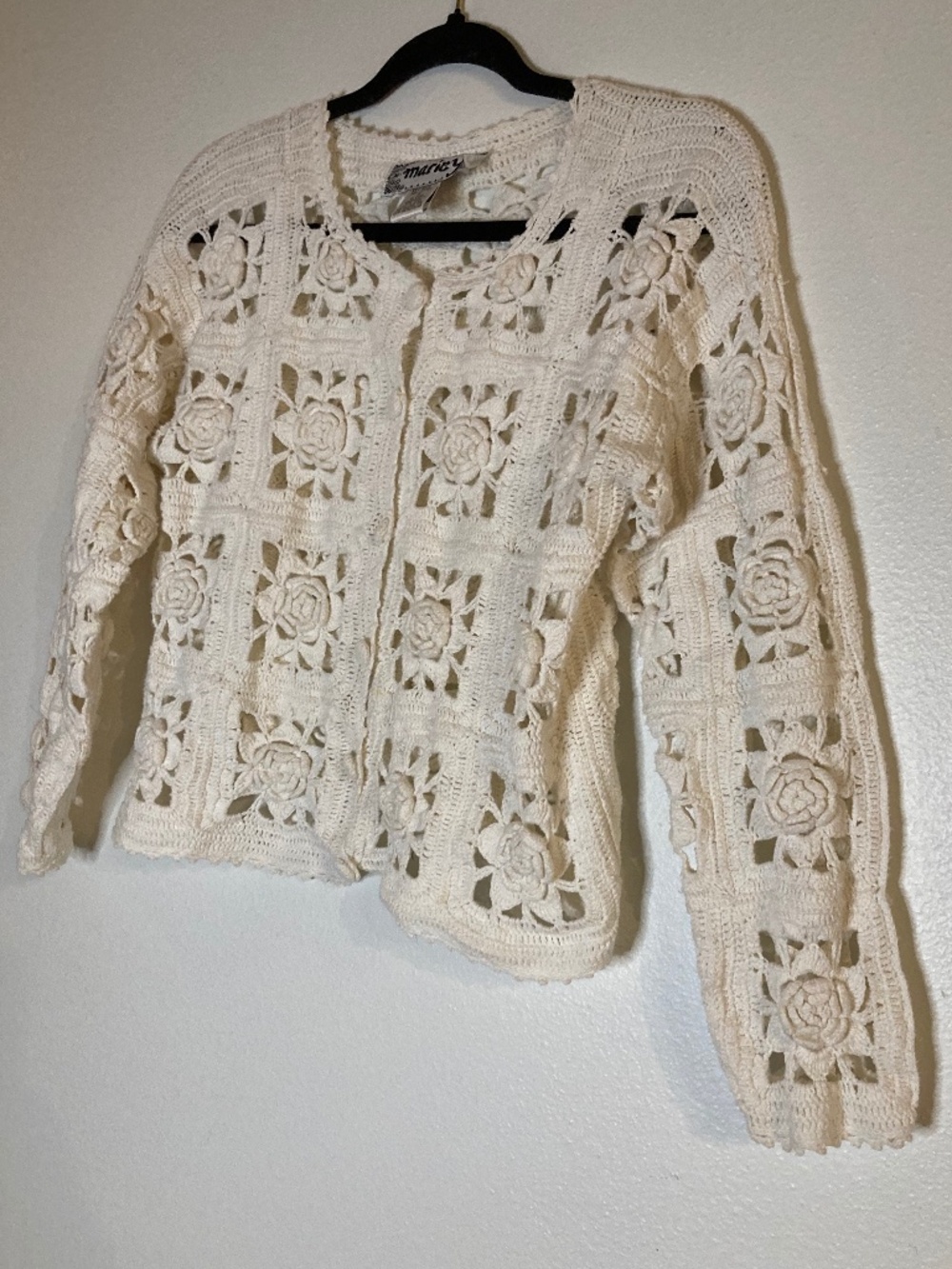 90s vintage marie y cotton ramie floral granny square button front cardigan